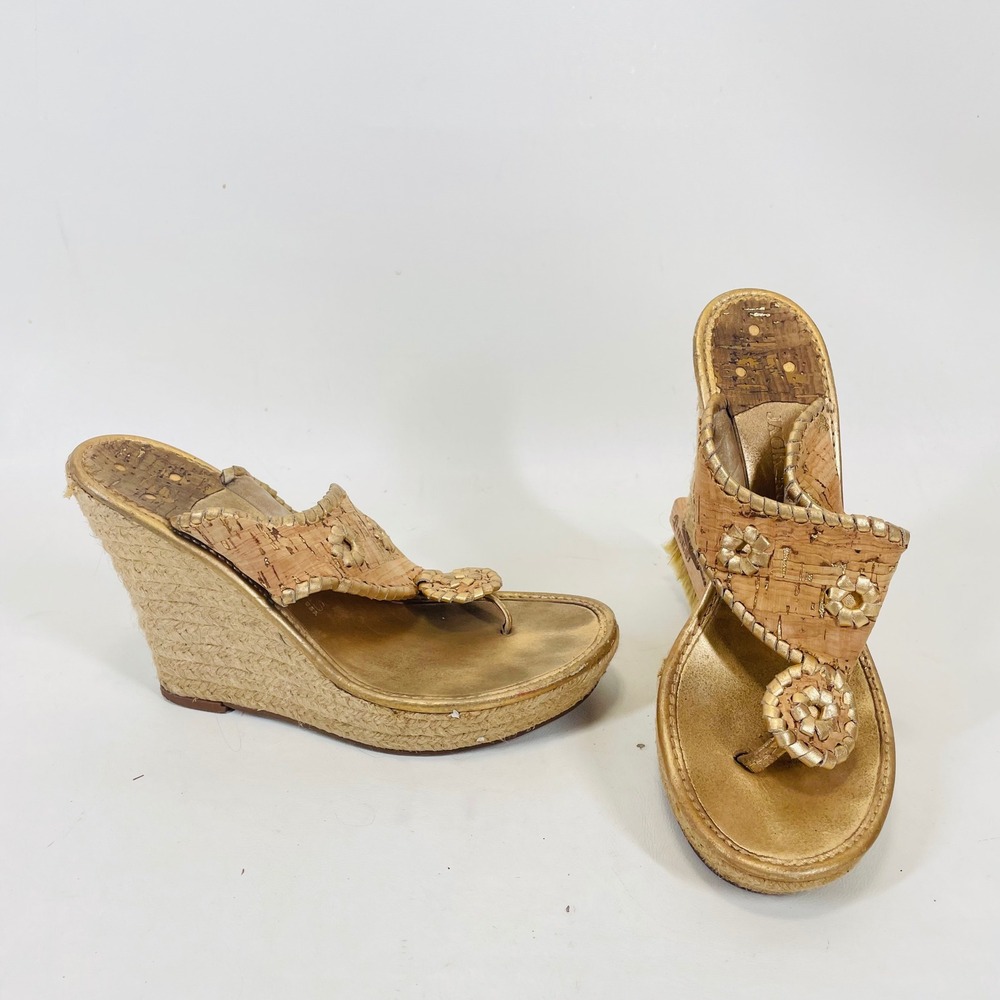 Jack Rogers Gold Cork Espadrille Wedge Sandals Floral Whipstitch Heels Womens 8M